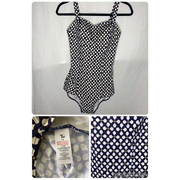 Tu Swimsuit Size US 8 10 Navy Yellow Lightly Padded Bust Adjustable Straps UK 12 - Picture 1 of 10